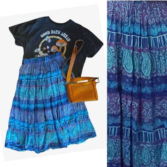 Vintage Dresses & Skirts - VTG 80s Blue Teal Purple Paisley Print Cotton Broomstick Midi Skirt Medium
